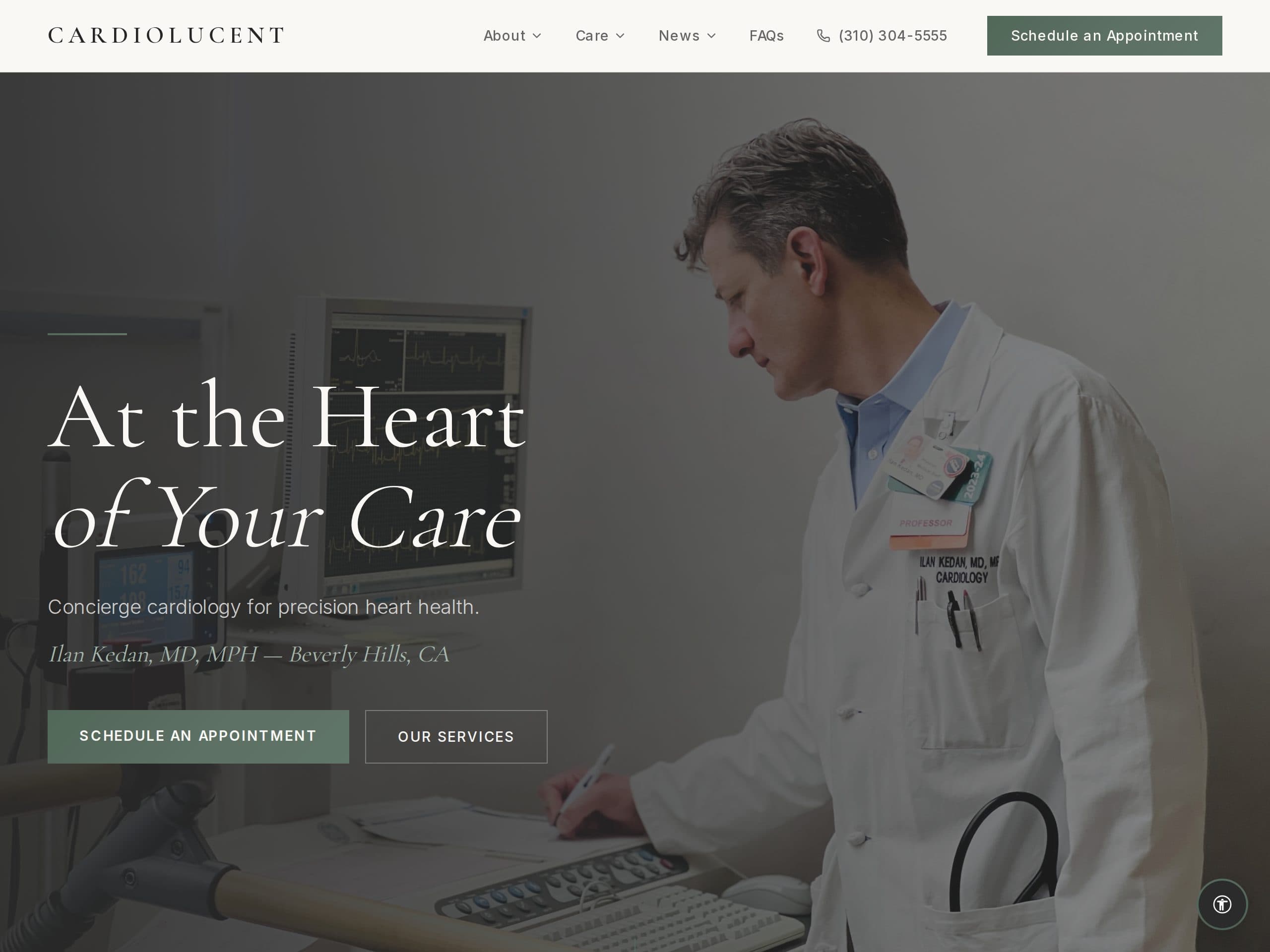 Screenshot of the Cardiolucent homepage — a concierge cardiology practice in Beverly Hills.
