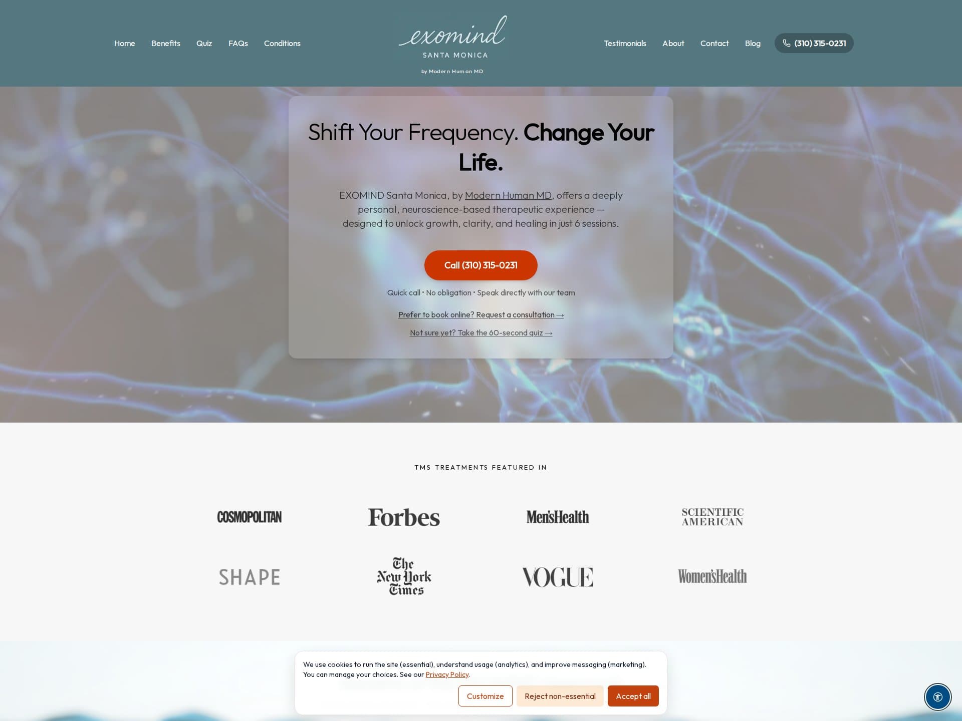 Screenshot of the EXOMIND Santa Monica homepage — a cognitive wellness practice offering EXOMIND treatment.